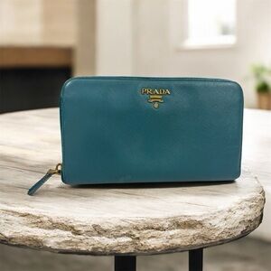 Prada Blue Wallet with Gold Accents